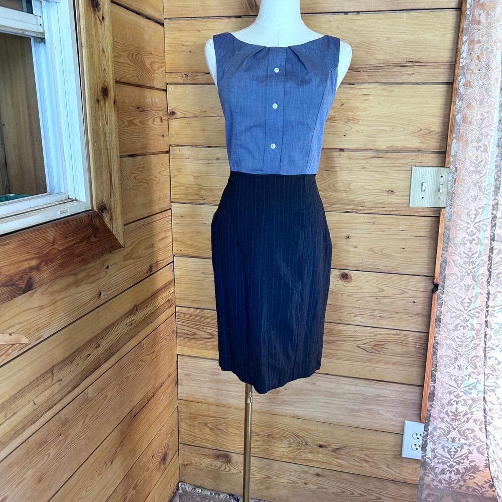 Wool Pinstripe Pencil Skirt Dress Womens Medium Blue Black Upcycled Preloved
